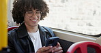 Bus, man and smile with smartphone for communication, travel map and chat with contact. Public transport, male person and happy passenger with mobile for location app, commute and message in London