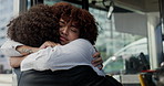 Bus stop, bye and couple hug in city after travel, commute and journey in urban town. Public transport, passenger service and back of woman and man embrace for bonding, relationship and greeting