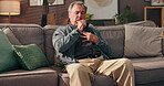 Home, old man and cough with pain on chest, cardiac symptoms or heart attack signs in retirement. Sofa, senior person and discomfort with respiratory illness, lungs infection or tuberculosis in house
