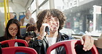 Phone call, bus and man with smile, passenger and communication with network, app and talking. Mobile user, happy person and traveller with smartphone, morning commute and discussion with urban town