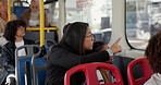 Travel, mom and child in bus, pointing and bonding with daughter on journey, morning and family with view. Commuting, woman and showing city to kid, girl or parent in public transport for sightseeing