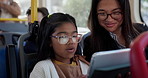 Tablet, talking and mom with child on bus for travel, journey or commuting with educational game. Digital technology, bonding and mother with girl kid for question of ebook on public transportation.