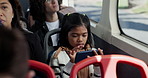 Bus, mother and girl with cellphone, travel and help with social media, public transportation and texting. Family, passengers and mama with daughter, internet and smartphone with message to contact