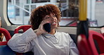 Phone call, bus and woman with smile, talking and communication with network, chatting and relax. passenger, happy person and traveller with smartphone, morning commute and discussion in New York
