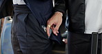 People, hands and thief with phone on bus for pickpocket, theft or stealing in public transportation. Closeup, crime or robber with mobile smartphone or fraud in vehicle for sneak, secret or snatch