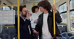 People, talk and travel on bus with coffee, friendly conversation and traffic in city. Friends, journey and chat on public transport for morning commute, explain job and businessman with beverage