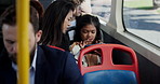 Bus, mother and girl with smartphone, travel and help with social media, connection and texting. Family, passengers and mama with daughter, public transportation and cellphone with message to contact
