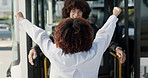 Bus stop, hug and couple greeting in city after travel, commute and journey to visit. Public transport, passenger service and back of woman and man embrace for bonding, relationship and happy in town
