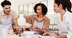 Group, people and talk for pottery in class for sculpture design, learning technique and craft process. Potter, teaching and instructions of mold production, ceramic demonstration and creative course