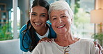 Nurse, smile and relax with face of old woman for retirement, rehabilitation or occupational therapist. Healthcare, happy and support with people in nursing home for caregiver, elderly care and help
