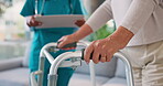 Walker, hands and tablet with nurse and old woman for rehabilitation, Parkinsons mobility aid or digital report. Healthcare, closeup or senior person with disability at nursing home for support