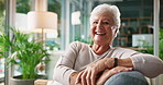 Relax, laugh and face of old woman on sofa for retirement, nursing home and peace. Calm, elderly care and happiness with portrait of senior person in living room of house for wellness as pensioner