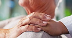Doctor, elderly woman and holding hands for support of bad news, compassion and medical diagnosis. People, empathy and console patient for healthcare, wellness trust and helping with treatment advice