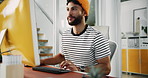 Office, creative agency and businessman with computer for research, copywriting and proofreading story. Happiness, male person and editor with tech for typing article, newsletter and blog information