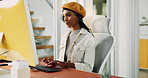 Creative, typing and woman with computer, office and writer with tech for novel, online and project. Business, author and planning for story on website, digital and editing of literature or fiction