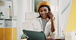 Office, tablet and businesswoman with phone call for talking, article questions and online source. Communication, happy person and journalist with mobile for contact, facts and verification for story