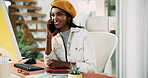 Smile, creative woman and phone call with computer for discussion, questions and schedule story. Female journalist, talking and mobile with media news, article feedback and information of publication