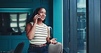 Business, woman and phone call, happy for deal with smile for negotiation or real estate sale. Realtor, communication and person with property contact or discussion, client and online consultation