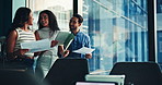 Meeting, tablet and business people in office for online research, proposal and financial planning. Teamwork, corporate and man and women on digital tech for discussion, strategy and budget review
