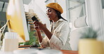 Office, creative agency and businesswoman with smartphone for chat, article review and text to source. Career, female person and journalist with mobile for news web, story feedback or message contact