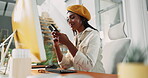 Office, creative agency and businesswoman with mobile for text, article review and chat to source. Thinking, female person and journalist with phone for news web, story feedback and message contact