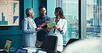Business people, meeting or tablet with analytics in conference for corporate performance or review. Group, employees or colleagues with technology, graph or statistics for company analysis or report