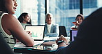 Business people, meeting and hands in boardroom with speaker, review and graphs at company. Group, team and attention by laptop screen with feedback and collaboration for accounting at finance agency