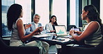Meeting, finance and business people in office on laptop for online research, proposal and financial planning. Teamwork, corporate and women on computer for discussion, investment and budget review