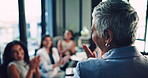 Woman, executive and presentation with team applause for congratulations, thank you or success at office. Female person, CEO or speaker clapping with group or employees for promotion at conference