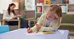 Woman, drawing or therapist with girl for counselling in therapy, creative assessment or test. Analyse, art or behavioural psychologist writing to observe adhd with kid, evaluation report or child