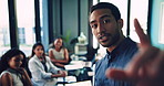 Businessman, meeting and presentation with team in conference for project discussion or proposal. Man person, speaker or employee talking to group or staff for ideas or company plan at workplace