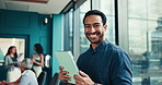 Face, business and happy man with smile, tablet or sales revenue for profit growth with finance charts. Portrait, graphs or financial analyst with technology, statistics and data analytics for review