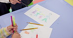 Teacher, hands and drawing with child at school for elementary lesson, family sketch or art classroom. Closeup, educator or teaching kid with pictures for learning, education or childhood development