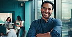 Confidence, business or face of man in office with smile for data analysis, risk management or accounting. Laughing, development or portrait of businessman with arms crossed at financial agency