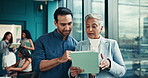 Business people, tablet and investment with corporate finance and cooperation for profit growth. Employees, teamwork and accounting in office, tech and app for stock market, feedback and website info