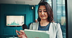 Happy woman, business analyst or research with tablet in conference for company statistics or report. Female person, employee or analytics with smile on technology for corporate performance or growth
