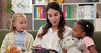 Talking, care and session with kids, psychologist or girls with story, question and psychology help. Therapist, support or children with toys in therapy with evaluation, development or assessment
