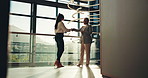 Business people, meeting or handshake with partnership for agreement, deal or teamwork at office building. Women, employees or colleagues shaking hands with greeting for introduction at b2b workplace