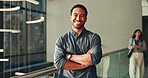 Confidence, lobby or face of man in office with smile for business, financial management or about us. Consultant, professional or portrait of happy businessman with arms crossed at finance agency