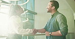 Happy, business people and tablet with handshake for partnership, deal or teamwork at office building. Businessman, woman or colleagues shaking hands with smile for b2b app, agreement or thank you