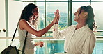 Laugh, tablet and business women in lobby for online project, collaboration and talking. Professional, corporate and workers in conversation on tech for research, website and planning in office