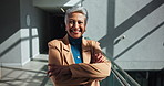 Smile, crossed arms and face of mature businesswoman in office with confidence for finance career. Happy, professional and portrait of female company stakeholder with pride for financial investment.