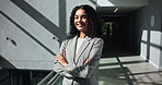Happy, crossed arms and face of businesswoman in office with confidence for finance career. Smile, professional and portrait of female financial manager with pride for corporate company investment.