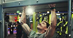 Fitness, bodybuilding and man with pull up bar, gym and exercise for wellness and muscle with equipment. Health club, athlete and person with power for body, routine and bodybuilder with strength