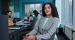 Face, investor and woman in boardroom, meeting and planning for project budget. Portrait, accounting and happy person in office, finance expert and feedback for revenue review, broker and daydreaming