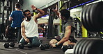 Fitness, men and high five with weights at gym for teamwork, motivation or success together. Active, male people or friends with break or dumbbells for workout, exercise or training at health club