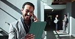 Phone call, tablet and business man in lobby for online project, research and financial planning. Corporate, professional and worker on digital tech for communication, talking and contact in office