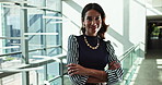 Happy, crossed arms and face of businesswoman in office with confidence for finance career. Smile, professional and portrait of female company stakeholder with pride for financial investment.