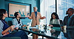 Business, people and screen in office for meeting, report presentation and feedback chart. Woman speaker, staff and workshop in boardroom for company growth, profit review and funding pitch with tech