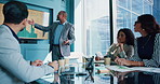 Business people, finance or screen in office for meeting, productivity report or feedback chart. Mature speaker, staff or presentation in boardroom for company growth, budget review or funding pitch